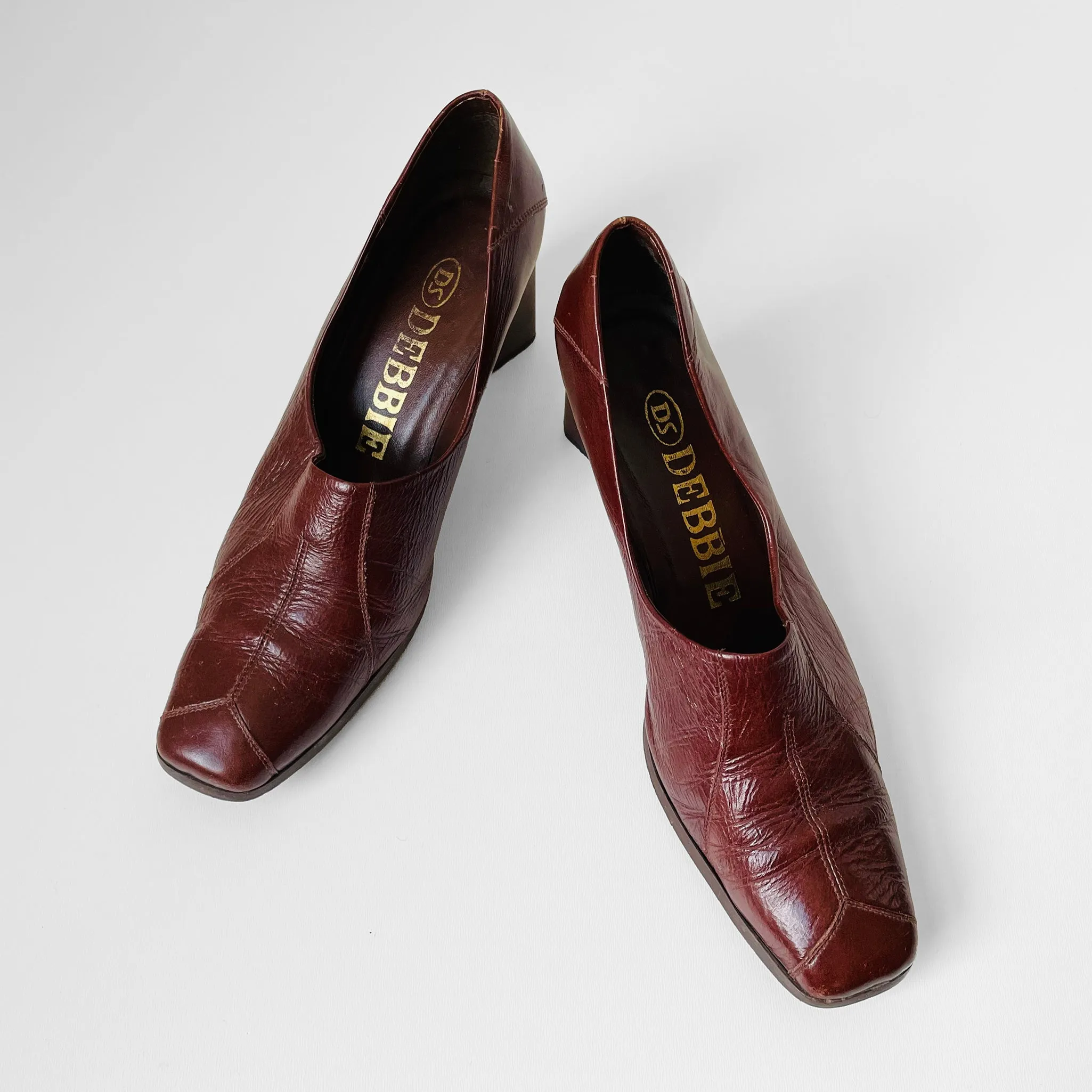 1970s Brown Block Heel Leather Slip-On Shoes - Sz. 37/38