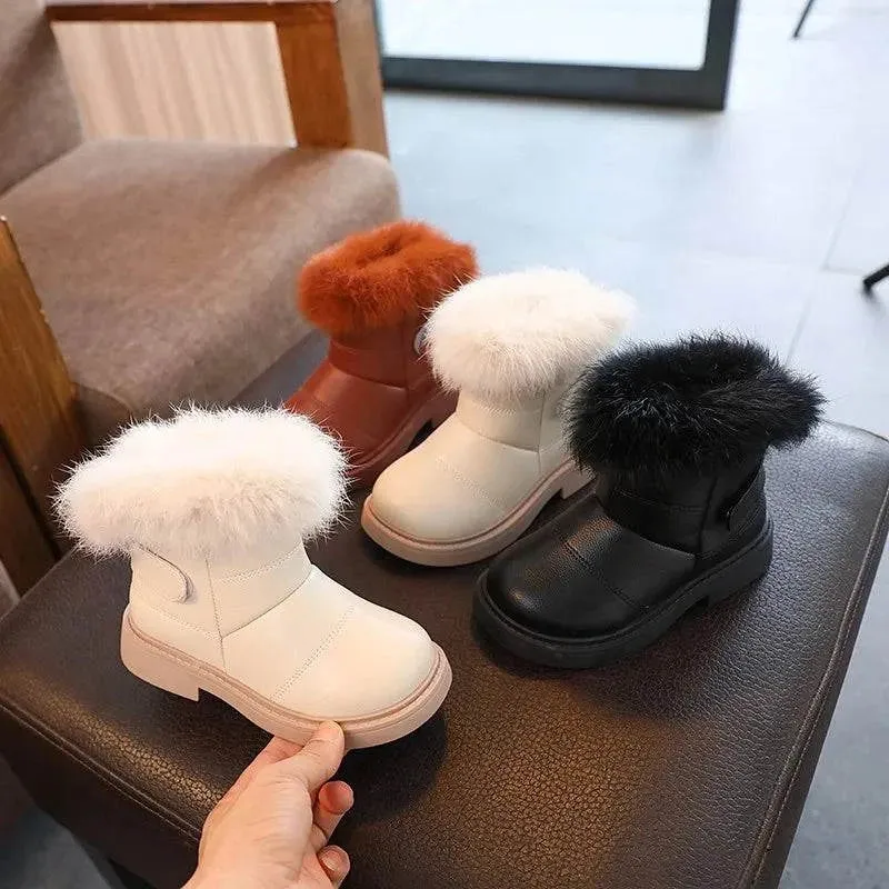2024 Britain Style Kids Boots – Cozy, Plush, Solid Color Winter Shoes for Girls & Boys ❄️ 👢