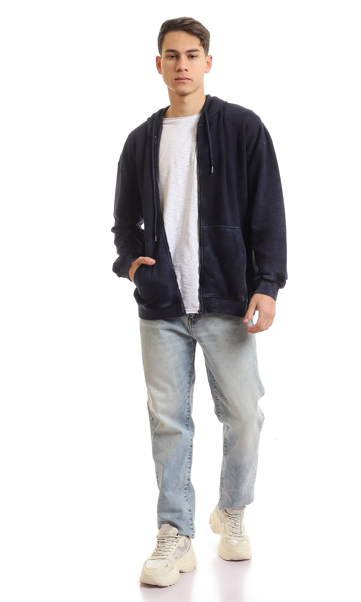 96191 Front Pockets Cotton Zip Through Hoodie - Navy Blue